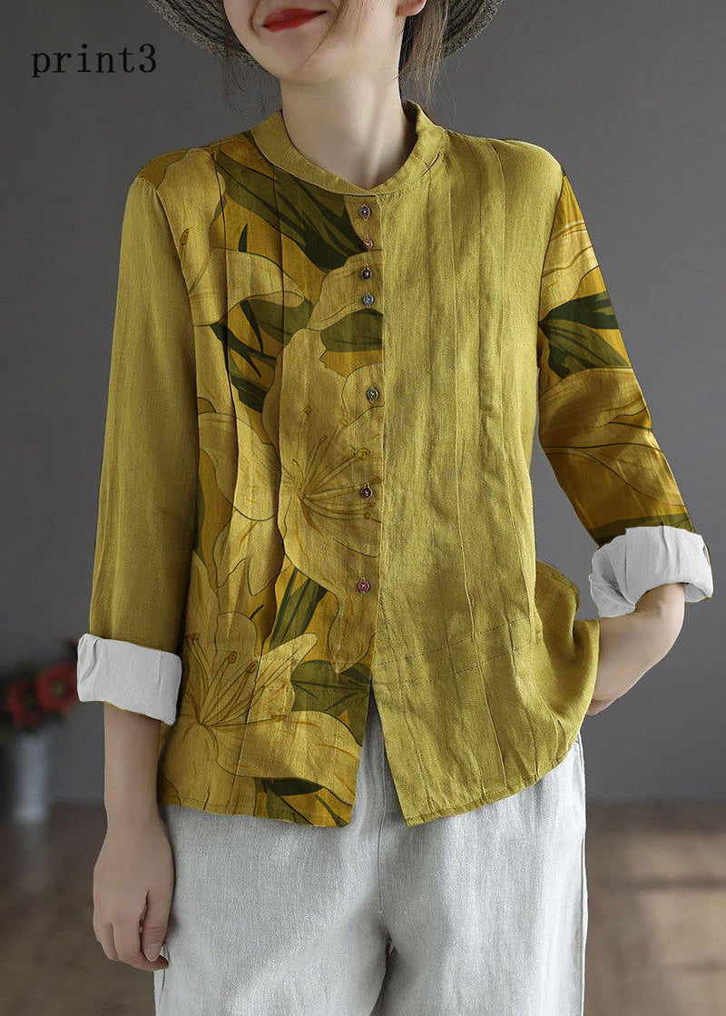 Yellow-geometric Patterns Button Fall Top Long Sleeve Linen