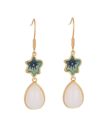 Green Overgild Inlaid Jade Tassel Water Drop Drop Earrings