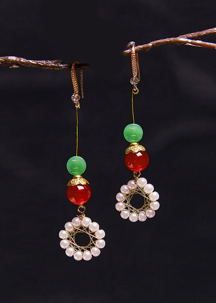 Sunflower Pearl Coral Long Drop Earrings