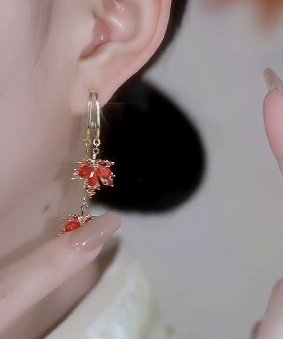 Modern Red Copper Overgild Maple Leaves Tassel Drop Earrings