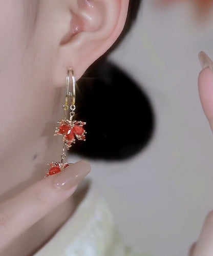 Modern Red Copper Overgild Maple Leaves Tassel Drop Earrings
