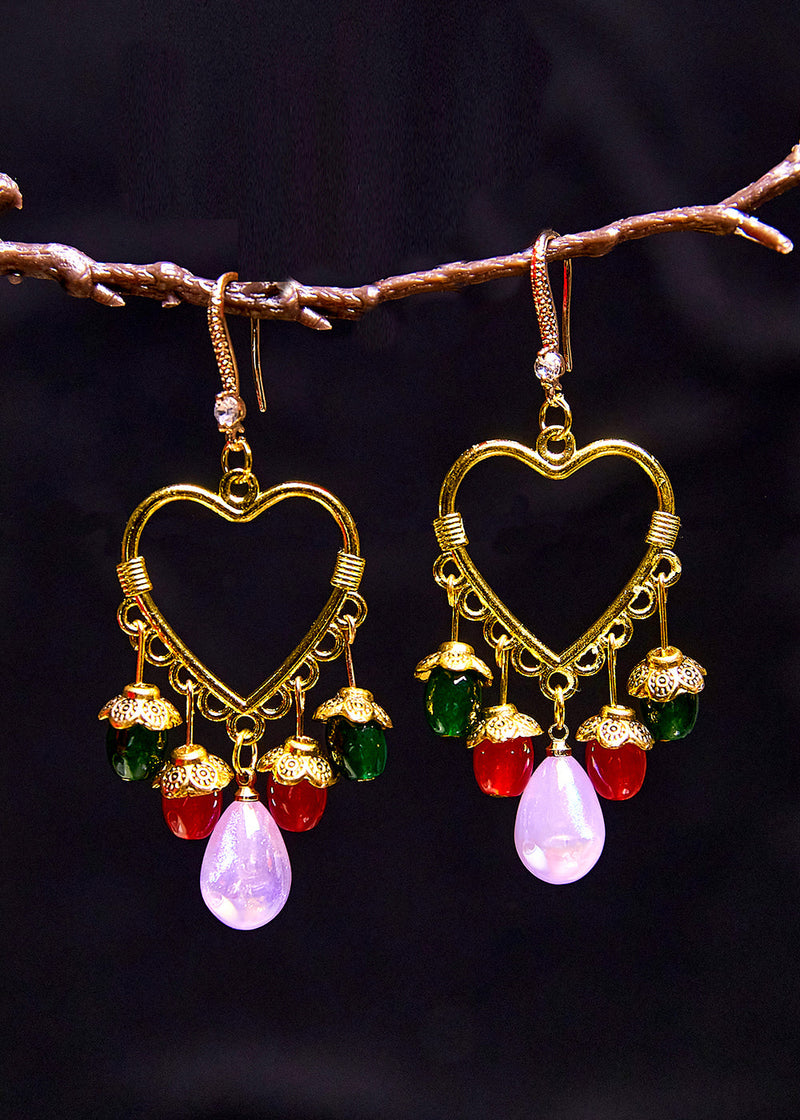 Multicolour Beads Heart-shaped Tassels Drop Earrings