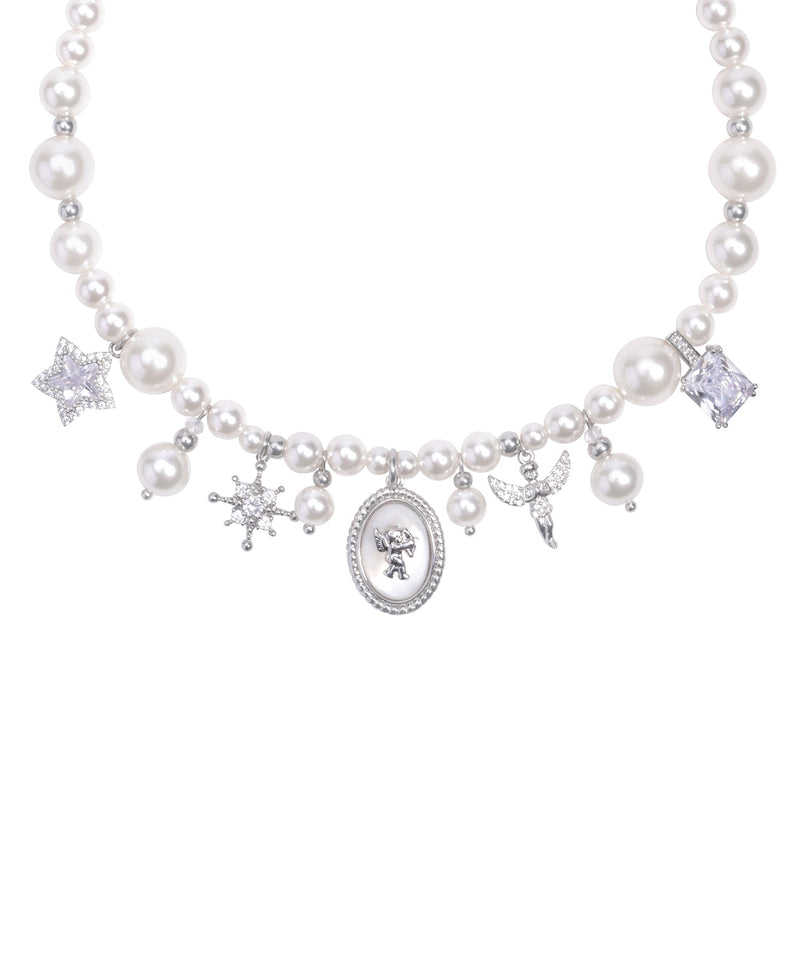 Stylish Pearl Angel Zircon Silver Plated Pendant Choker