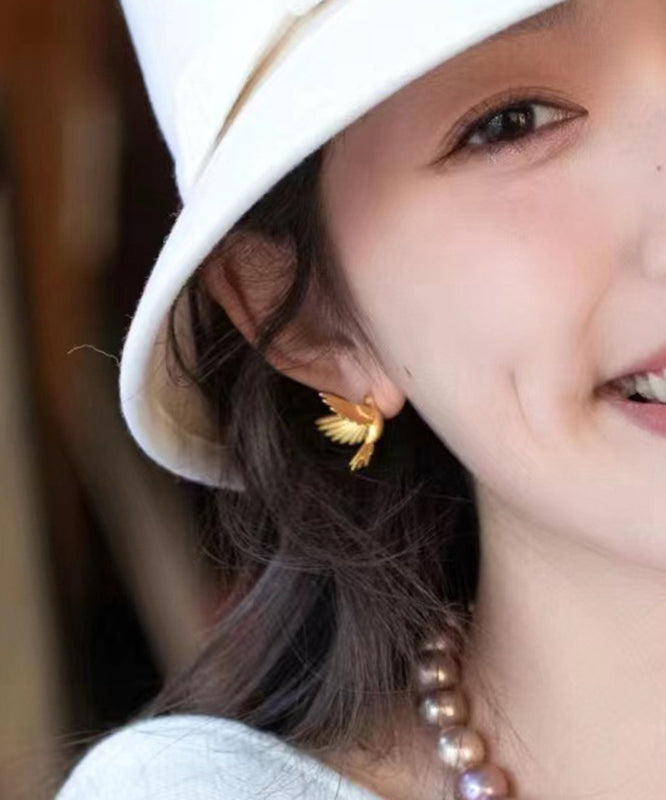 Modern Yellow Sterling Silver Overgild Little Bird Stud Earrings