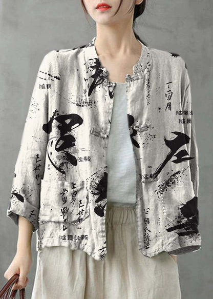 Boutique Grey Flowers Stand Collar Embroideried Patchwork Linen Coat