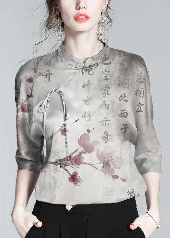 Silk Stand Collar Oriental Satin Shirt Top Half Sleeve Blouse