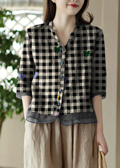 Black Strips V Neck Embroidered Ramie Shirt Half Sleeve