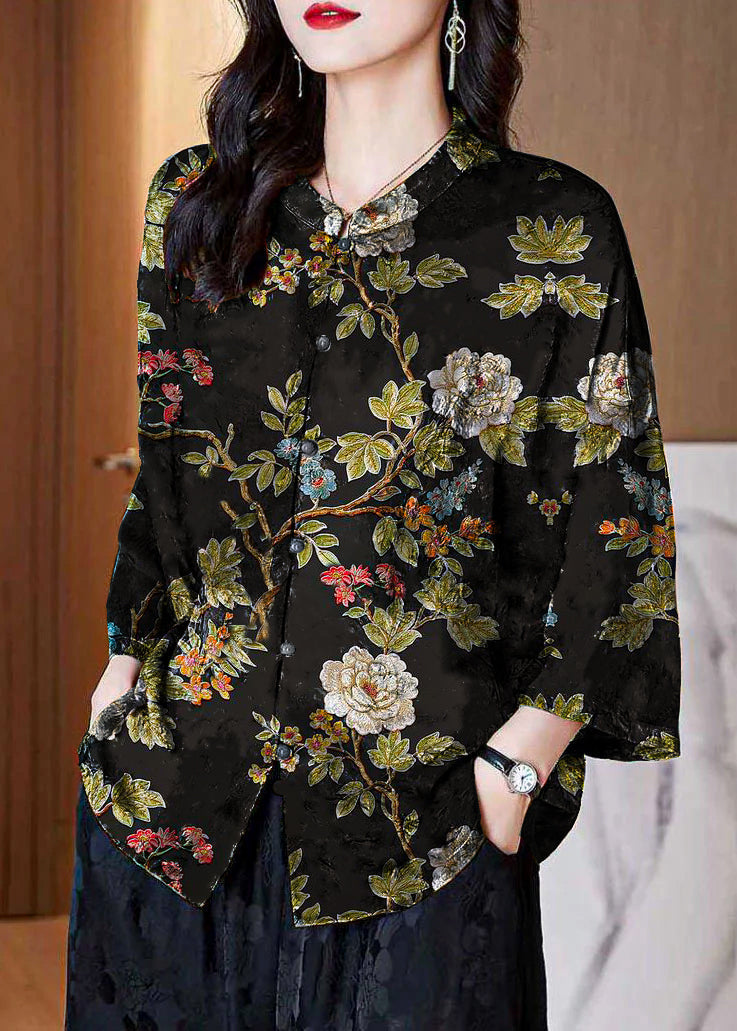 Black- Stand Collar Button Print Patchwork Silk Blouse Top Summer
