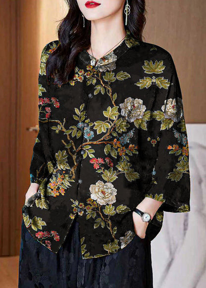 Black- Stand Collar Button Print Patchwork Silk Blouse Top Summer