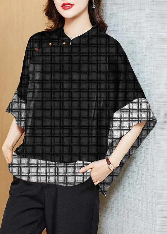 White Plaid Mandarin Collar Asymmetrical Patchwork Jacquard Silk Shirts Batwing Sleeve