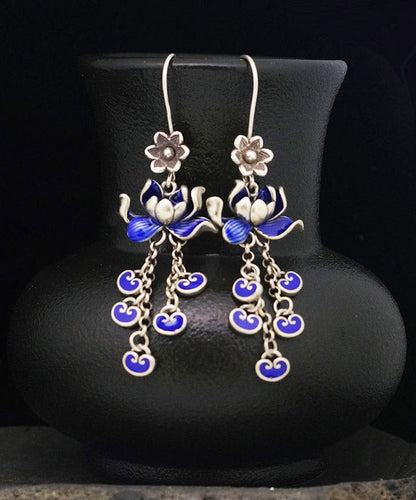 Blue Sterling Silver Cloisonne Lotus Tassel Drop Earrings
