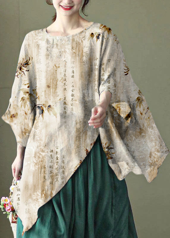 Art Yellow Text Asymmetrical Design Embroidered Summer Ramie Shirt Tops