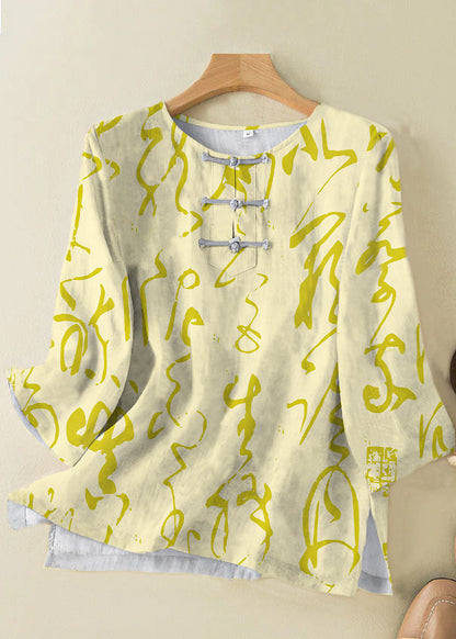 Grace Style Grey Feather O-neck Print Oriental Button Side Open Linen Shirt Top Bracelet Sleeve