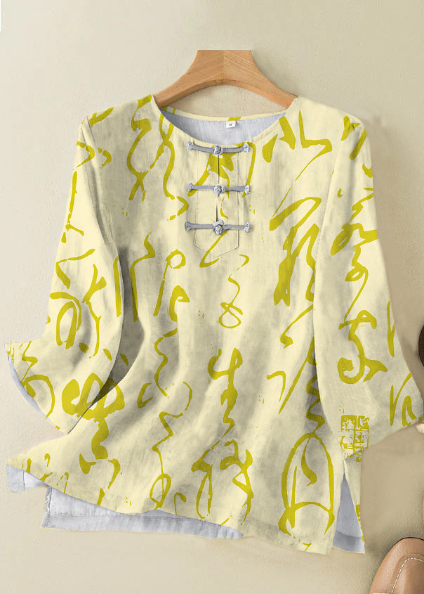 Grace Style Grey Feather O-neck Print Oriental Button Side Open Linen Shirt Top Bracelet Sleeve