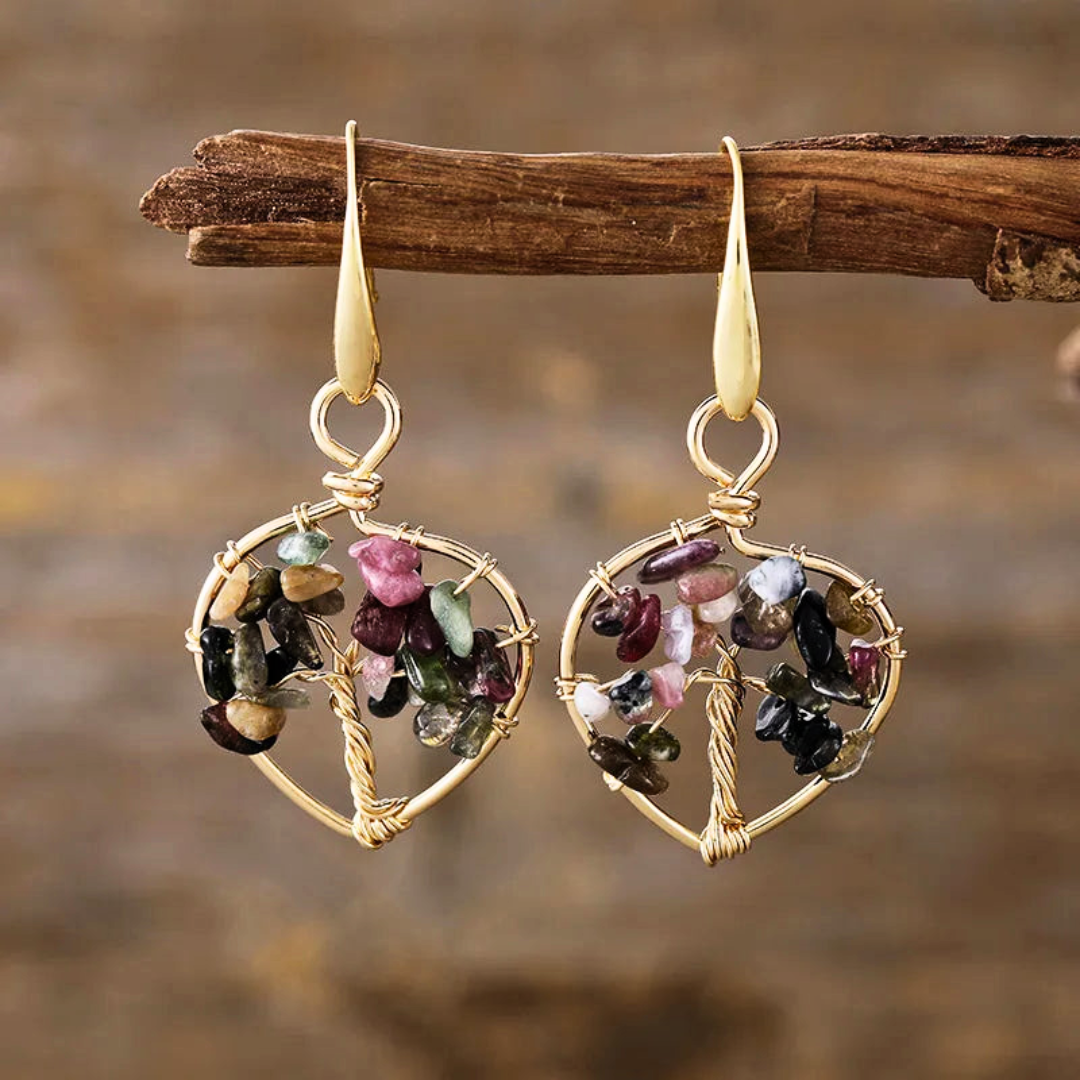Natural Gemstone Tree of Life Heart Earrings