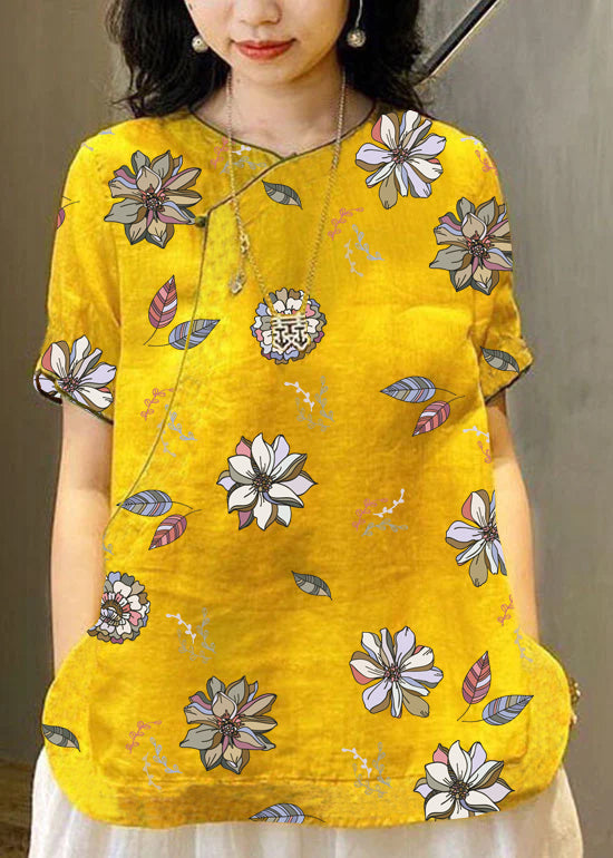 Chinese Style Yellow O-neck Embroideried Linen Tops Short Sleeve