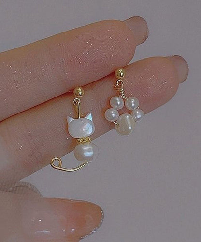 White Gold Copper Overgild Pearl Little Cats Asymmetric Drop Earrings