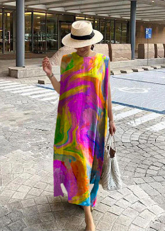 O Neck Side Open Linen Cotton Clothes Fabrics Color Geometry Dress