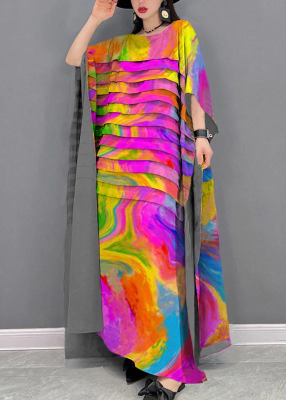 Grace Green O-neck Striped Chiffon Ankle Dress Batwing Sleeve