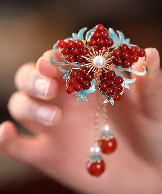 Chinese Style Red Alloy Pearl Coloured Glaze Plum Blossom Tassel Hairpin