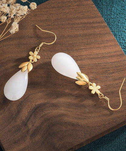 Classy White Ancient Gold Jade Water Drop Drop Earrings