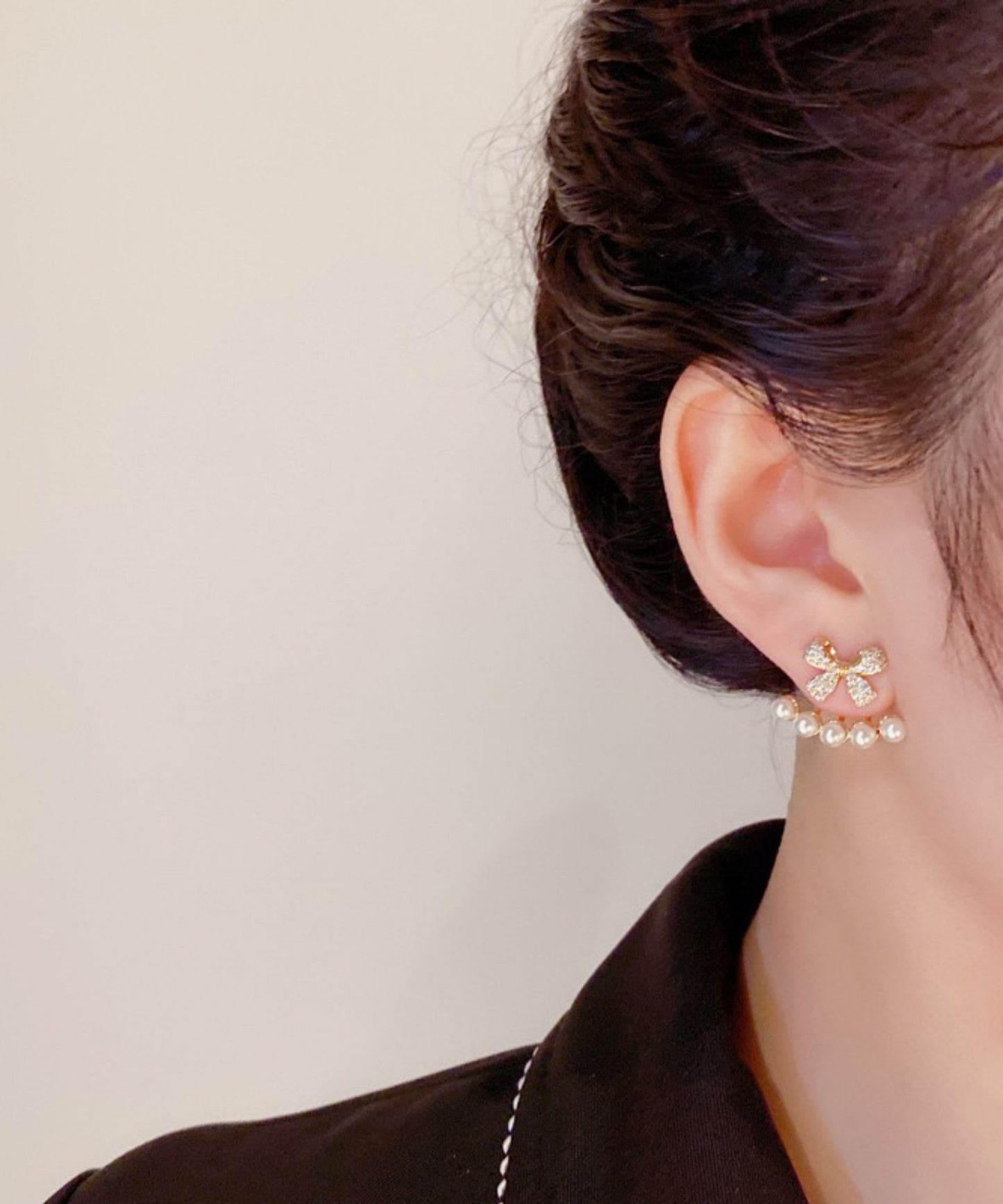 Stylish Gold Copper Overgild Zircon Bow Pearl Stud Earrings