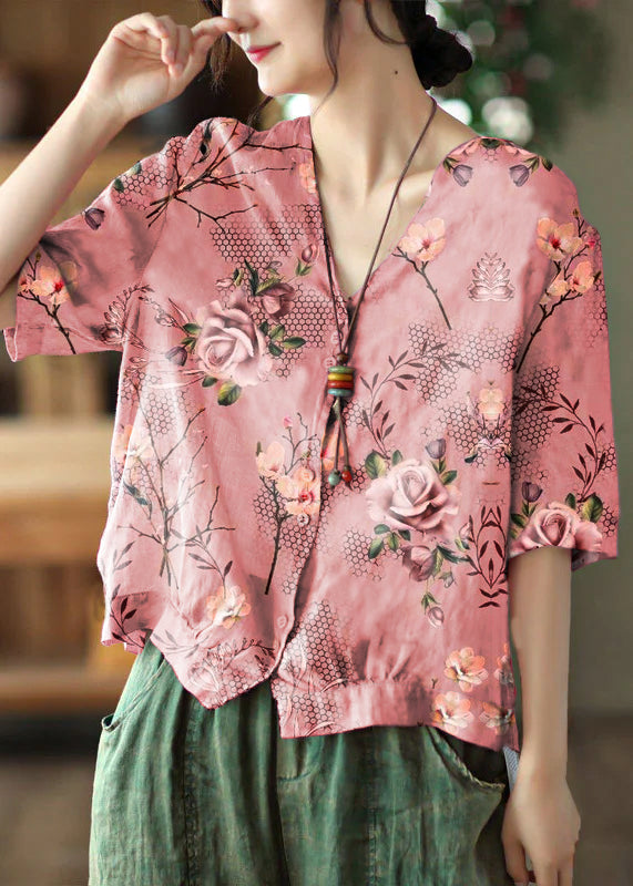 Italian Pink Flowers V Neck Print Button Linen Top Half Sleeve