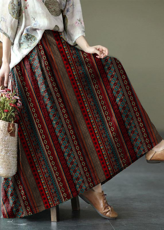 Black Flower Elastic Waist Print Linen Skirts Summer