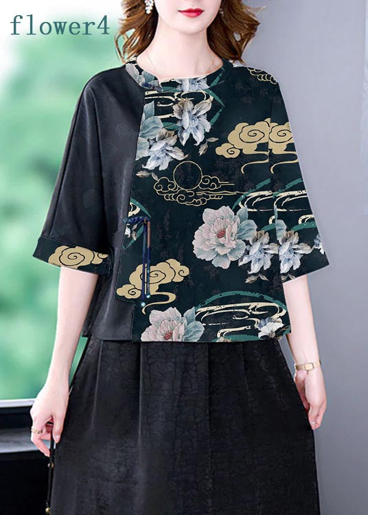 Flower4 O-neck Print Patchwork Top Bracelet Sleeve