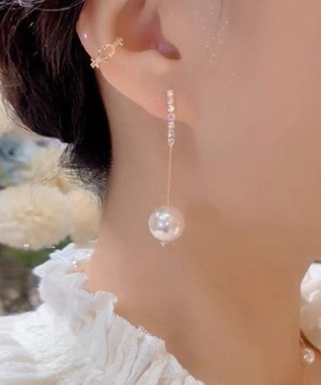 Fine White Fine Sterling Silver Overgild Zircon Pearl Tassel Drop Earrings