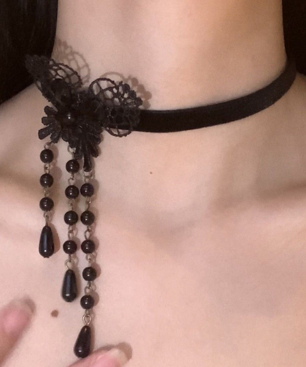 Black Copper Alloy Lace Butterfly Pearl Tassel Pendant Necklace