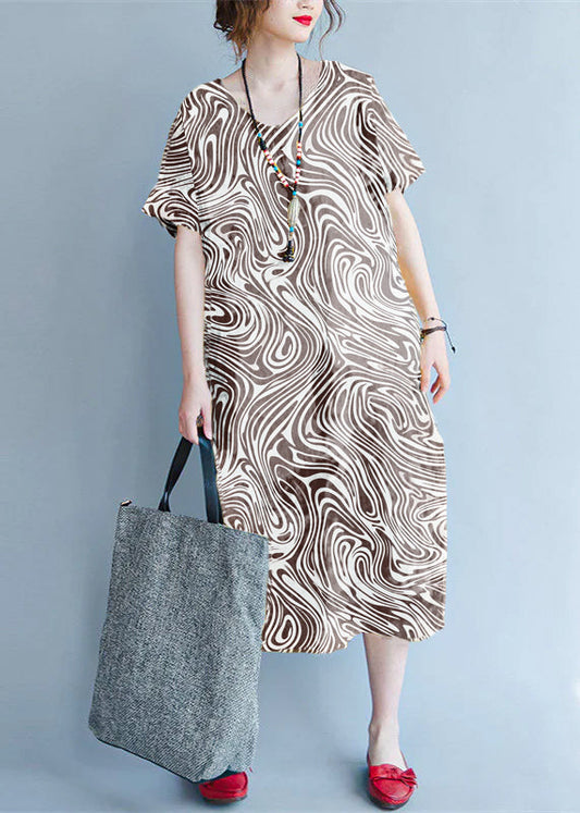 Brown Midi Linen Dresses Traveling Clothing Back Open Cotton Dresses