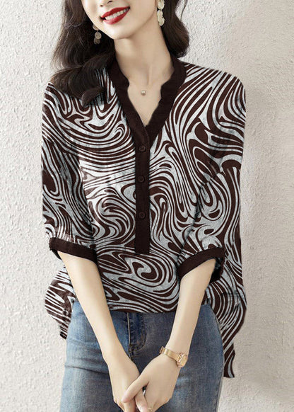 Brown Texture V Neck Print Button Silk Top Half Sleeve