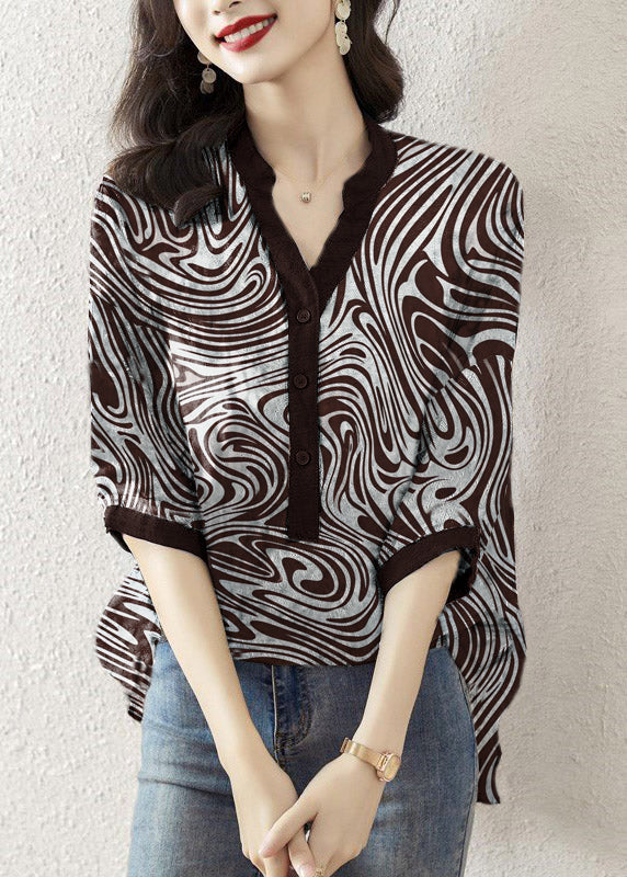 Brown Texture V Neck Print Button Silk Top Half Sleeve