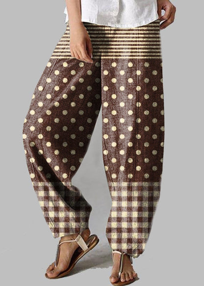 Stylish Brown Geometry Pockets Cotton Harem Wide Leg Pants Summer