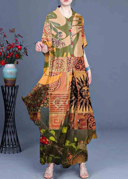 Summer Loose Silk Brown Geometry Print Coat + Two Piece Pants