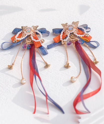 Rainbow Copper Alloy Tulle Beading Bow Ribbon a Pair Hairpin