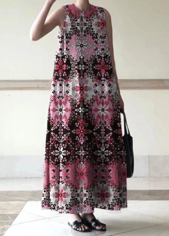Handmade Pink Geometry Linen Dresses O Neck Sleeveless Cotton Robes Summer Dresses