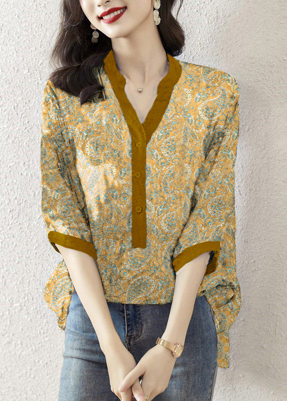 Brown Texture V Neck Print Button Silk Top Half Sleeve