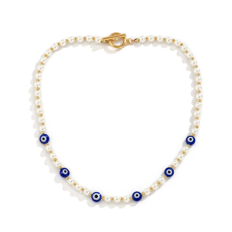 Geometric Simple Ot Buckle Single-layer Clavicle Chain Retro Stitching Artificial Pearl Eye Necklace