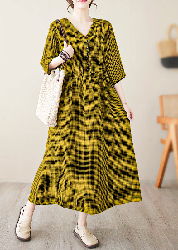 Purple V Neck Plaid Patchwork Button Linen Maxi Dresses Summer