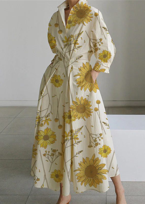 Apricot Flowers Peter Pan Collar Pockets Cotton Dress Long Sleeve
