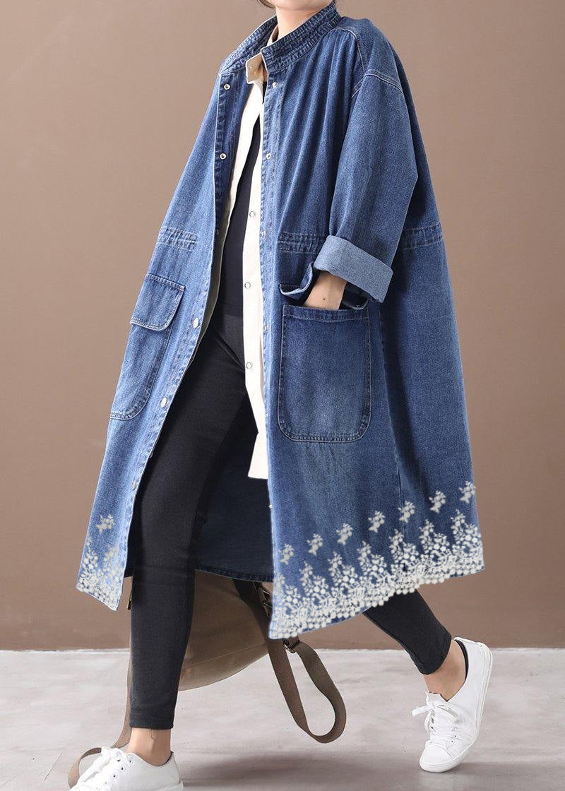 French Denim Blue-lace Box Coat Shape Stand Collar Drawstring Coat