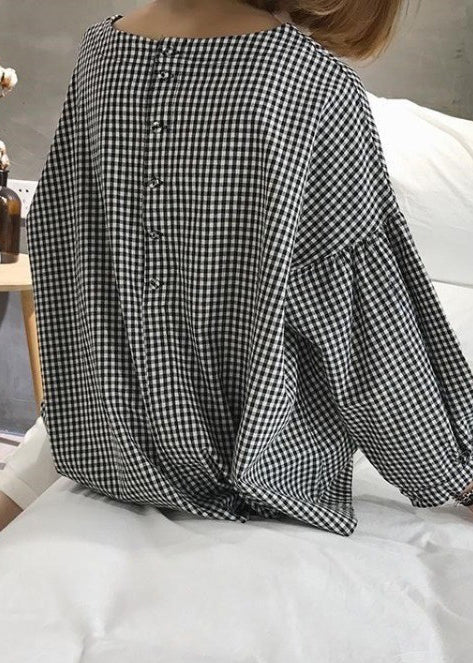 French Blue Plaid Cotton Fine Sewing Asymmetric Clothing Blouse