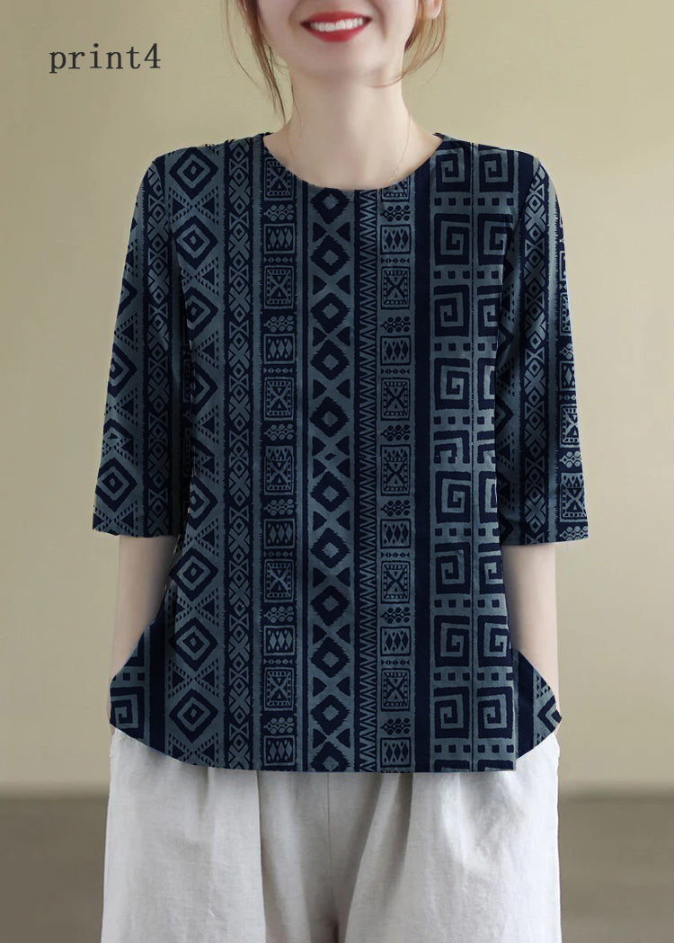 French Navy O-neck Embroideried Cotton Blouses Half Sleeve