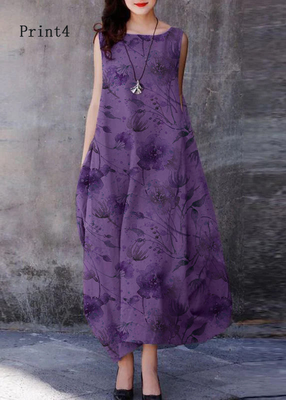 Purple O-neck Exra Large Hem Cotton Dresses Sleeveless