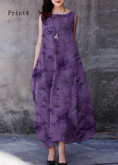 Purple O-neck Exra Large Hem Cotton Dresses Sleeveless