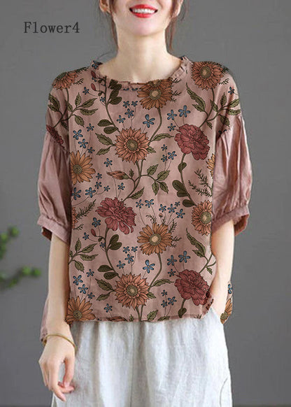 Modern Pink-flower4 Regular Embroideried Summer Half Sleeve