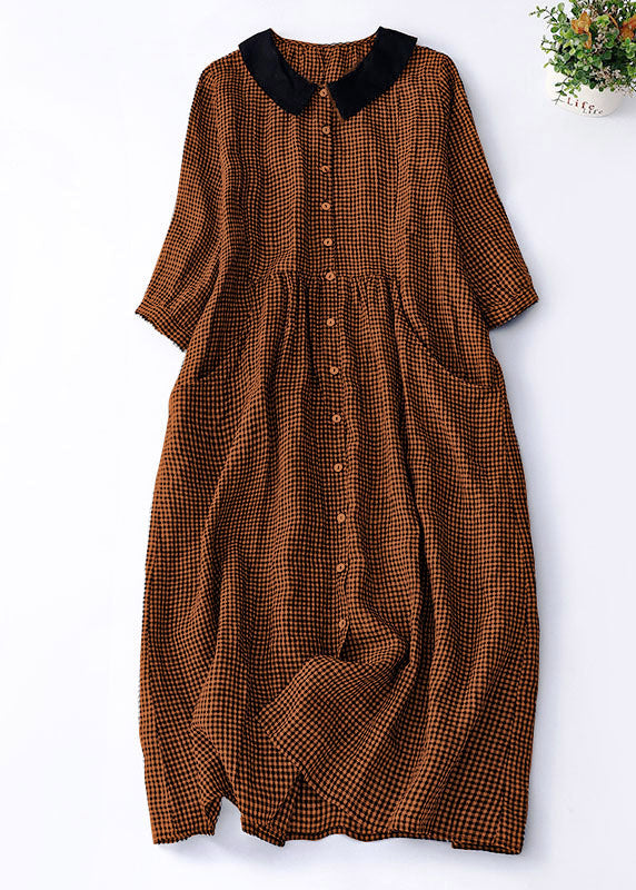 Organic Brown Plaid Peter Pan Collar Patchwork Linen Dresses Summer