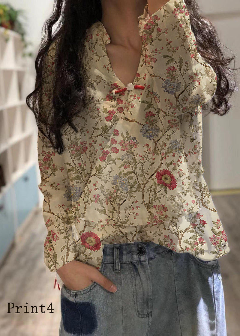 White-print2 Linen Blouse V Neck Fall Top